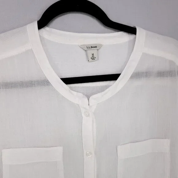 LL Bean Cotton Gauzy Long Sleeve Button Up Shirt Womens Medium Sheer White Beach - Picture 6 of 13